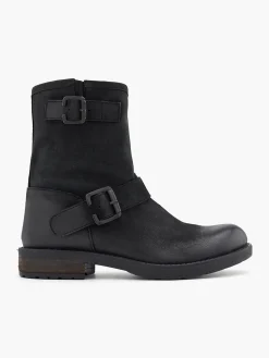 Black Leather Classic Ankle Boot with Double Buckle Detail