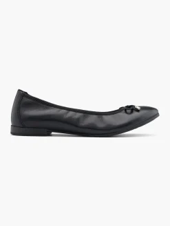 Black Leather Elasticated Lined Ballerina with Bow Detail