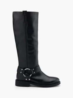 Black Leather Knee High Boot with Harness Detail