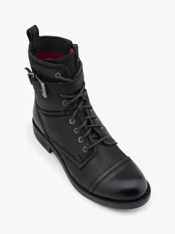 Black Leather Lace Up Biker Boot with Buckle Strap