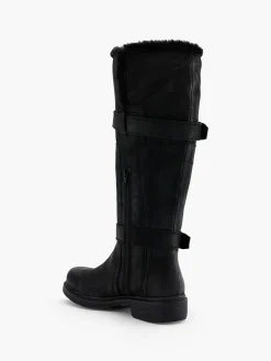 Black Leather Long Leg Faux Fur Lined Boot with Double Buckle Detail