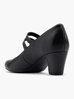 Black Leather Mary Jane Double Strapped Court Shoe