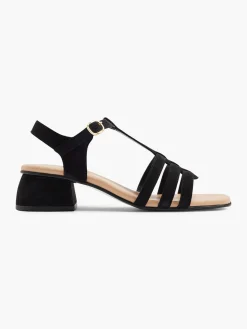 Black Leather Multi Strap Sandals with Block Heel