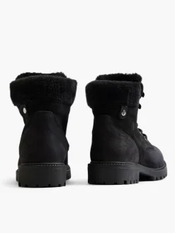 Black Leather Suede Faux Fur Lined Lace Up Boot