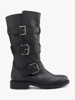 Black Leather Tall Boot with Buckle Details