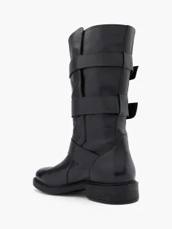 Black Leather Tall Boot with Buckle Details