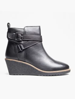 Black Leather Wedge Boot with Buckle Detailing
