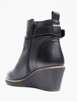 Black Leather Wedge Boot with Buckle Detailing