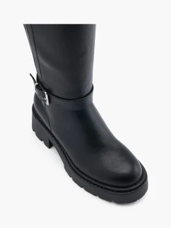 Black Long Leg Chunky Boot with Double Buckle Detail