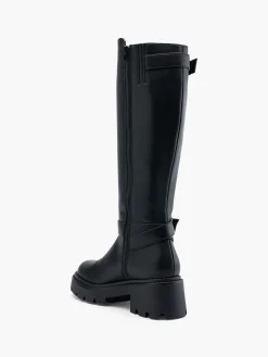 Black Long Leg Chunky Boot with Double Buckle Detail