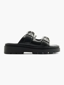 Black Padded Slip On Sandal with Buckle Detail