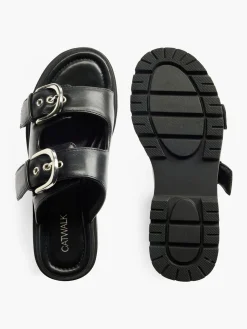 Black Padded Slip On Sandal with Buckle Detail