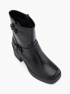 Black Platform Block Heel Biker Boot with Double Buckle Detail
