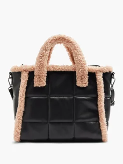 Black Quilted Tote Bag With Contrasting Borg Trim