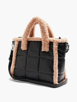 Black Quilted Tote Bag With Contrasting Borg Trim