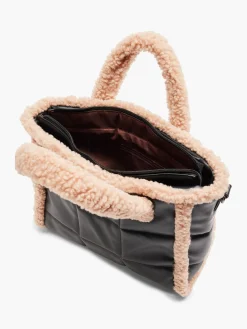 Black Quilted Tote Bag With Contrasting Borg Trim