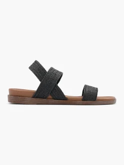 Black Raffia Textile Strapped Flat Sandal