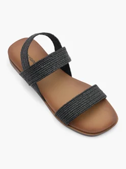 Black Raffia Textile Strapped Flat Sandal
