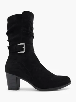 Black Ruched Leg Block Heel Buckle Detailed Boot