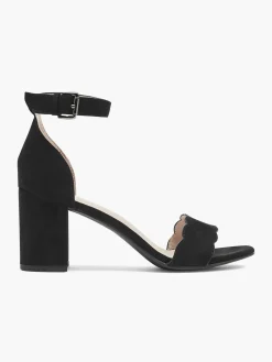 Black Scalloped Edge Block Heel with Ankle Strap