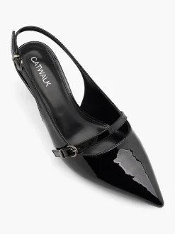 Black Slingback Low Heel with Buckle Strap