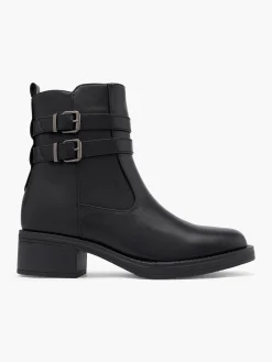 Black Square Toe Double Buckled Ankle Boot