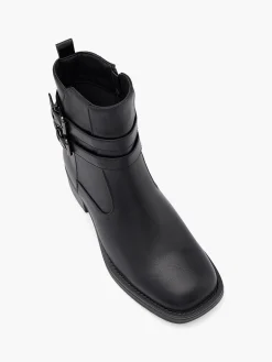 Black Square Toe Double Buckled Ankle Boot