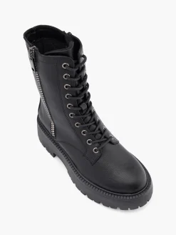 Black Tall Chunky Biker Boot with Zipper Detail