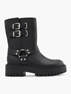 Black Tall Double Buckle Biker Boot