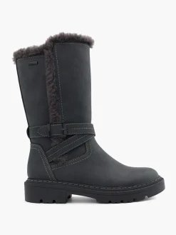 Black Tall Faux Fur Lined Boot with Buckle Details
