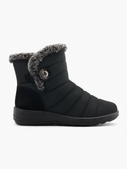Black Wide Fit Comfort Boot with Button Fastening and Faux Fur Lining