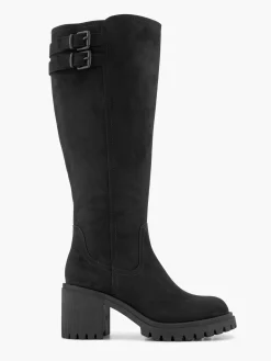 Black Wide Fit Chunky Long Leg Boot with Double Buckle Detail