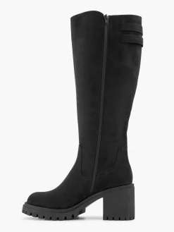 Black Wide Fit Chunky Long Leg Boot with Double Buckle Detail