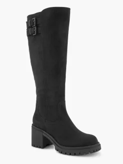 Black Wide Fit Chunky Long Leg Boot with Double Buckle Detail