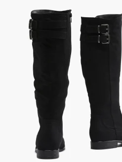 Black Wide Fit Long Leg Boot with Buckle Details