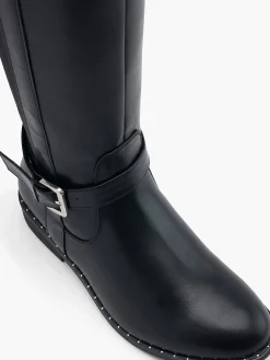 Black Wide Fit Long Leg Buckled Boot with Studded Detail