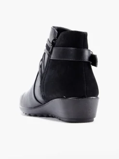 Black Wide Fit Wedge Comfort Boot with Buckle Detail