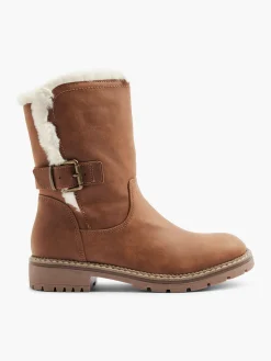 Brown Faux Fur Lined Tall Boot with Buckle Detail