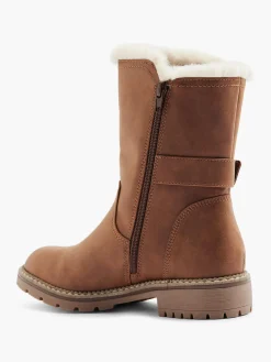 Brown Faux Fur Lined Tall Boot with Buckle Detail