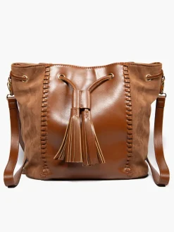 Brown Faux Suede Panelled Bucket Bag with Whipstitch Detail