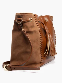 Brown Faux Suede Panelled Bucket Bag with Whipstitch Detail
