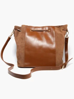 Brown Faux Suede Panelled Bucket Bag with Whipstitch Detail