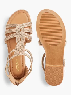 Brown Gladiator Sandals with Woven and Metallic Detail