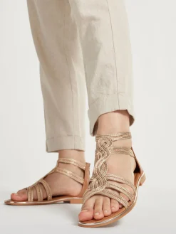 Brown Gladiator Sandals with Woven and Metallic Detail