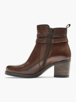 Brown Leather Heeled Ankle Boot With Strap Buckle Detail