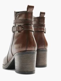 Brown Leather Heeled Ankle Boot With Strap Buckle Detail
