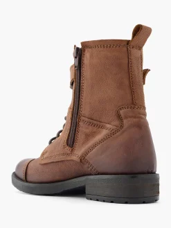 Brown Leather Lace Up Biker Boot with Buckle Strap