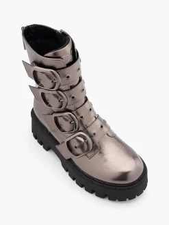 Dark Silver Chunky Biker Boot with Buckle Details