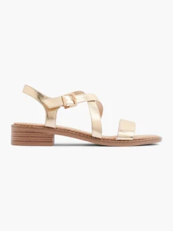 Gold Strappy Sandal with Buckle Detail and Wooden Effect Heel