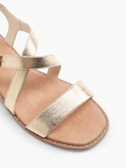 Gold Strappy Sandal with Buckle Detail and Wooden Effect Heel
